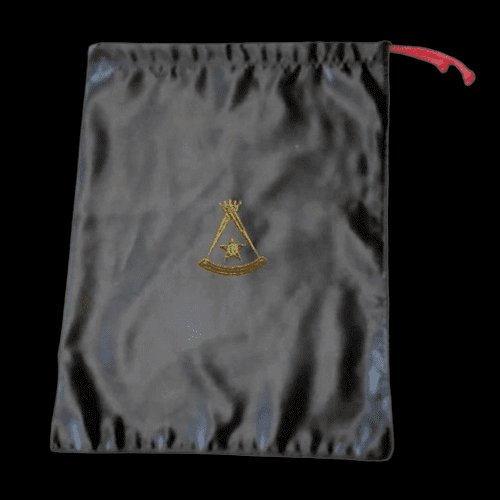 Bolsa de satín negro para Maestro Perfecto REAA Grado 5 con bordado dorado y cordón rojo