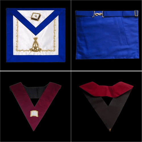 Regalia completa masónica del Maestro Perfecto, grado 14 del Rito Escocés. Incluye mandil, collarín, birrete, joya, pin, pisa corbata y guantes ceremoniales.
