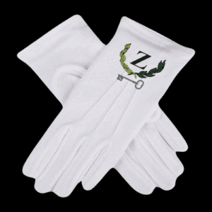 Guantes de algodón blanco bordados con insignia de Maestro Secreto: letra Z, llave y ramas de laurel