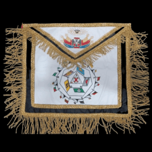 Mandil masónico grado 32 REAA, rito escocés, bordado en piel con flecos dorados