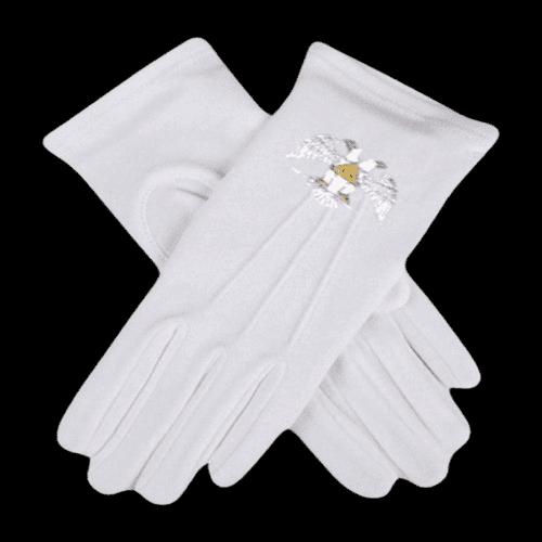 Guantes masónicos de algodón blancos con águila bicéfala bordada para Caballero Kadosh (30° REAA) – Houston, TX