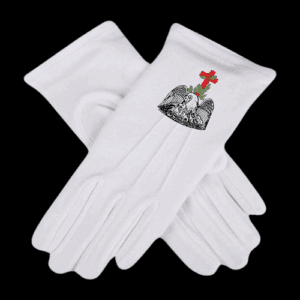 Guantes masónicos blancos de algodón con emblema Rosa-Cruz (Grado 18 REAA) – Príncipe Rosacruz, Houston
