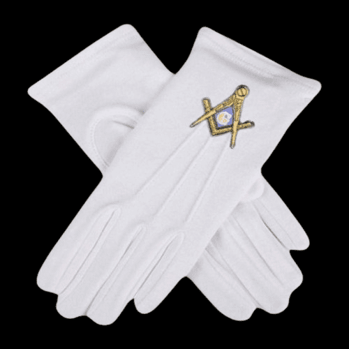 Guantes masónicos blancos de algodón con escuadra, compás y la letra G bordados en dorado y azul, usados por el Maestro Masón del Rito Escocés