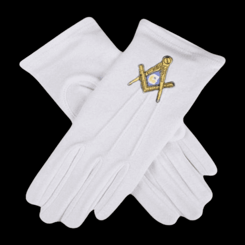 Guantes blancos de Compañero Masón con emblema bordado de compás y escuadra dorados