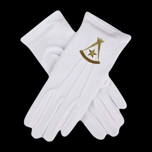 Guantes masónicos blancos de Maestro Perfecto REAA Grado 5 con bordado dorado de escuadra, compás y estrella