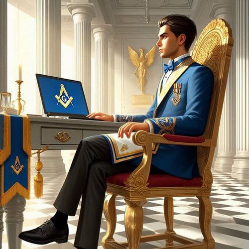 Joven Maestro Masón con uniforme azul trabajando en laptop con símbolo masónico, dentro de templo neoclásico.