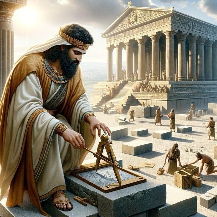 Maestro Masón usando compás y escuadra frente al Templo de Salomón en construcción, con obreros trabajando piedras.