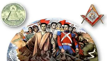 Ilustración histórica sobre la masonería en Latinoamérica con símbolos masónicos y personajes clave.