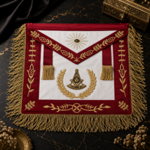 Mandil Past Master rojo y blanco con flecos dorados y emblema de escuadra y transportador