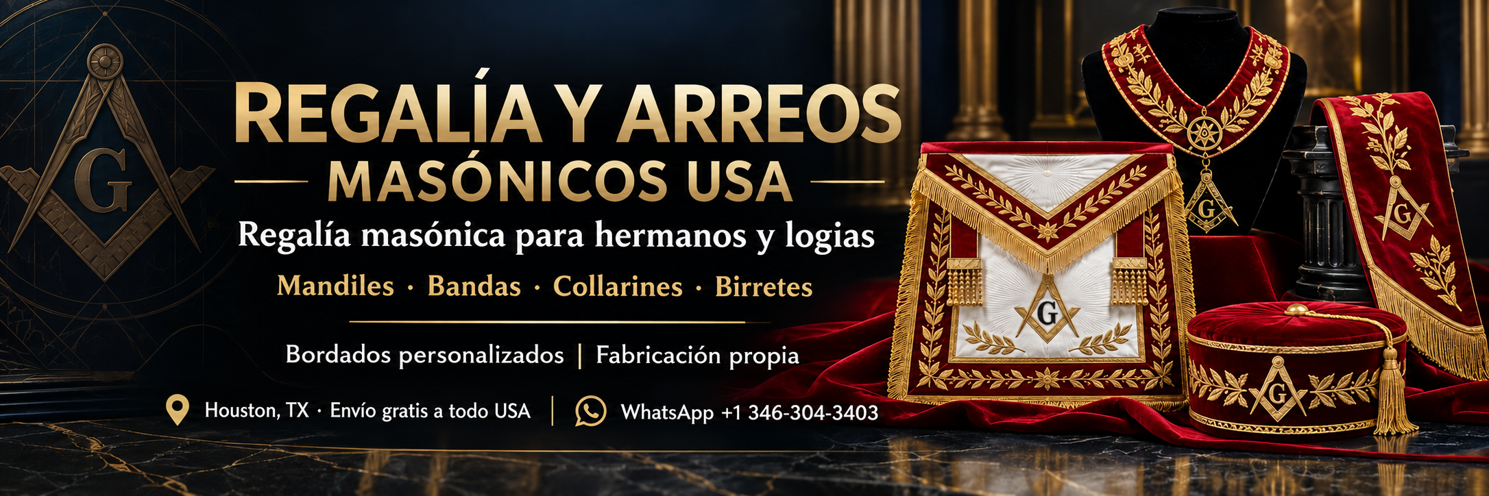 Banner de Regalía y Arreos Masónicos USA con mandiles, bandas, collarines y birretes del REAA